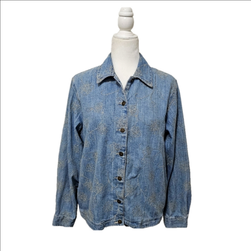 Jean Shacket Embroidered Floral Pattern Cotton Lightwash Blue Womens Small
